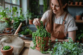 Woman repotting a string of pearls Woman repotting a string of pearls
