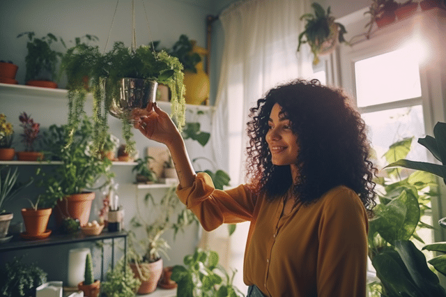 Vrouw die een hangende bloempot aanraakt Vrouw die een hangende bloempot aanraakt