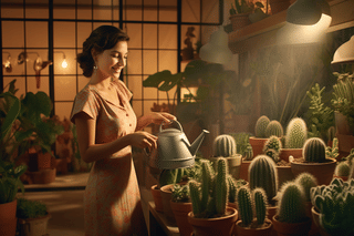Woman watering cacti Woman watering cacti