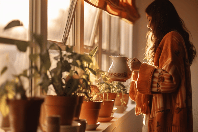 Vrouw die planten water geeft in de herfst Vrouw die planten water geeft in de herfst