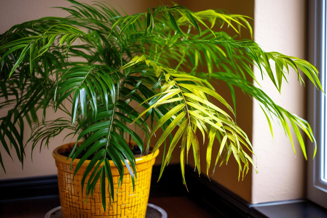 Vergeelde bladeren aan een salonpalm Vergeelde bladeren aan een salonpalm